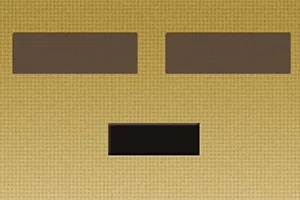 Cara pixelada de estilo retro con ojos y boca rectangulares en tonos marrón oscuro sobre un fondo amarillo claro