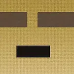 Cara pixelada de estilo retro con ojos y boca rectangulares en tonos marrón oscuro sobre un fondo amarillo claro