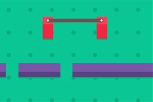 Fondo verde con puntos, dos bloques rectangulares morados y una barra horizontal roja con soporte a los lados