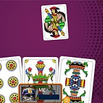 Cartas de un juego sobre un fondo morado con patrones geométricos