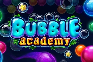 Título colorido de Bubble Academy rodeado de burbujas y estrellas sobre un fondo oscuro