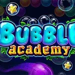 Título colorido de Bubble Academy rodeado de burbujas y estrellas sobre un fondo oscuro