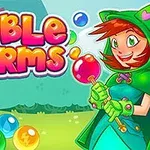 Personaje con capa verde sosteniendo una varita rodeada de burbujas de colores en un fondo de bosque