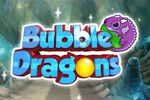 Texto Bubble Dragons con un dragón morado y fondo de cueva