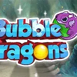 Texto Bubble Dragons con un dragón morado y fondo de cueva