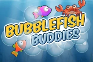 Título Bubblefish Buddies con peces coloridos y un cangrejo sobre un fondo de burbujas