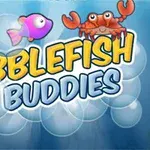Título Bubblefish Buddies con peces coloridos y un cangrejo sobre un fondo de burbujas