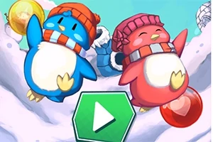 Dos pingüinos coloridos con gorros de invierno en un paisaje nevado, con un botón de reproducción verde al frente