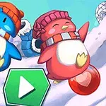 Dos pingüinos coloridos con gorros de invierno en un paisaje nevado, con un botón de reproducción verde al frente