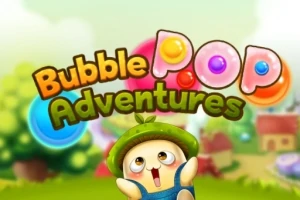 Personaje adorable con sombrero verde debajo de un colorido logotipo de Bubble Pop Adventures en un paisaje de fondo desenfocado
