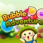 Personaje adorable con sombrero verde debajo de un colorido logotipo de Bubble Pop Adventures en un paisaje de fondo desenfocado