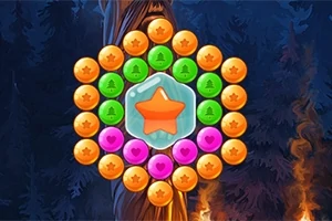 Círculo de esferas naranjas, verdes y rosas alrededor de una estrella naranja dentro de un hexágono helado, con un fondo de bosque oscuro