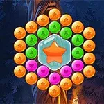 Círculo de esferas naranjas, verdes y rosas alrededor de una estrella naranja dentro de un hexágono helado, con un fondo de bosque oscuro