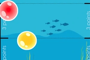 Burbujas roja y amarilla sobre un fondo azul submarino con peces y plantas acuáticas