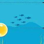 Burbujas roja y amarilla sobre un fondo azul submarino con peces y plantas acuáticas