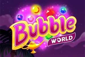 Título colorido Bubble World con gemas brillantes y una lámpara mágica en un fondo oscuro