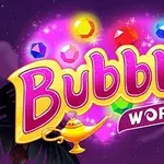 Título colorido Bubble World con gemas brillantes y una lámpara mágica en un fondo oscuro