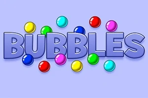 La imagen muestra la palabra BUBBLES en letras grandes y púrpuras rodeada de burbujas de colores sobre un fondo lila