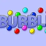 La imagen muestra la palabra BUBBLES en letras grandes y púrpuras rodeada de burbujas de colores sobre un fondo lila