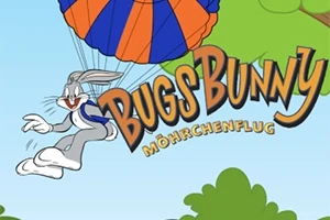 Bugs Bunny descendiendo en paracaídas azul y naranja, rodeado por árboles y cielo azul