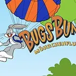 Bugs Bunny descendiendo en paracaídas azul y naranja, rodeado por árboles y cielo azul