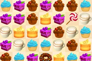 Diversos postres coloridos, como pasteles, magdalenas, donas y bebidas, organizados en una cuadrícula