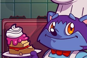 Un personaje de gato chef azul sostiene un plato con pastel de fresa y crema batida