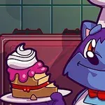 Un personaje de gato chef azul sostiene un plato con pastel de fresa y crema batida