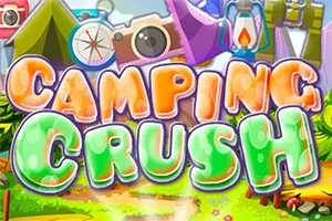 Título colorido Camping Crush con elementos de camping como tiendas de campaña, brújula y linterna en un fondo de bosque