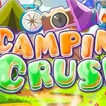Título colorido Camping Crush con elementos de camping como tiendas de campaña, brújula y linterna en un fondo de bosque