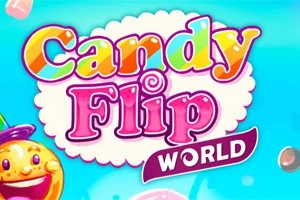 Título colorido Candy Flip World con fondo azul y elementos de caramelos