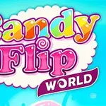 Título colorido Candy Flip World con fondo azul y elementos de caramelos