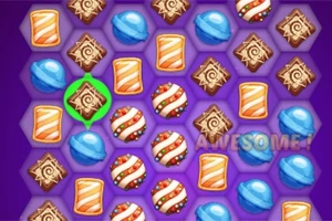 Dulces de colores variados en un patrón hexagonal sobre un fondo morado