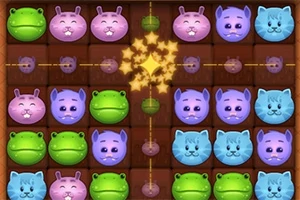 Animales de colores brillantes en una cuadrícula con hipopótamos rosas, ranas verdes y gatos azules rodeados de estrellas doradas en el centro