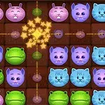 Animales de colores brillantes en una cuadrícula con hipopótamos rosas, ranas verdes y gatos azules rodeados de estrellas doradas en el centro