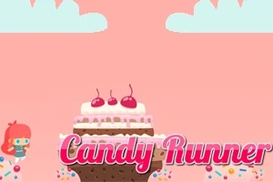 El fondo rosa muestra una plataforma de pastel con cerezas y una figura animada al lado, junto al texto Candy Runner