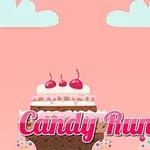 El fondo rosa muestra una plataforma de pastel con cerezas y una figura animada al lado, junto al texto Candy Runner