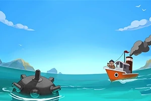 Un barco rojo en el mar con un hombre observando mientras una mina naval flota cerca