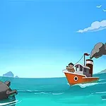 Un barco rojo en el mar con un hombre observando mientras una mina naval flota cerca