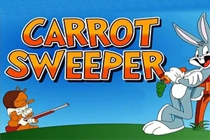 Dos personajes animados están en un campo; uno sostiene una zanahoria y el otro apunta con una escopeta, con el texto Carrot Sweeper arriba