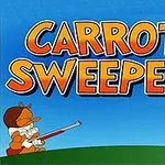 Dos personajes animados están en un campo; uno sostiene una zanahoria y el otro apunta con una escopeta, con el texto Carrot Sweeper arriba
