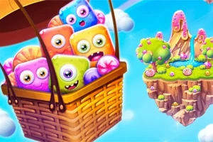 Globos coloridos en una canasta flotante junto a una isla flotante con árboles y un pequeño lago en un entorno de cielo azul y nubes