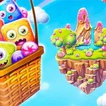 Globos coloridos en una canasta flotante junto a una isla flotante con árboles y un pequeño lago en un entorno de cielo azul y nubes