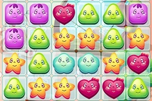 Cuadrícula de figuras coloridas con caras sonrientes en forma de corazones, estrellas, nubes y gotas
