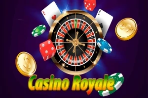 Ruleta rodeada de fichas de casino, cartas, monedas doradas y un dado con el texto Casino Royale