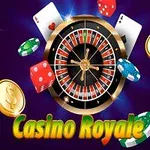 Ruleta rodeada de fichas de casino, cartas, monedas doradas y un dado con el texto Casino Royale