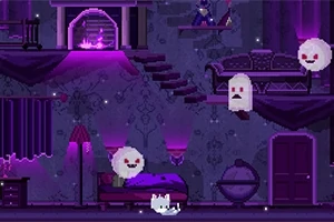 Un entorno pixelado y sombrío con tonos morados, donde hay fantasmas flotando cerca de un gato blanco sobre un suelo oscuro