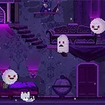 Un entorno pixelado y sombrío con tonos morados, donde hay fantasmas flotando cerca de un gato blanco sobre un suelo oscuro