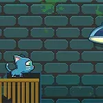 Gato azul dibujado en estilo pixel art sobre una caja con una lámpara colgante y una pared de ladrillos verdes de fondo