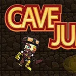 Personaje de videojuego con vestimenta de explorador en una cueva oscura iluminada por antorchas
